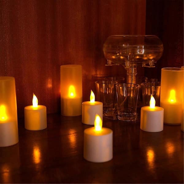 Flammefrie lys med fjernkontroll, timer og ladestasjon, 12 stk USB oppladbare LED telys-FA-