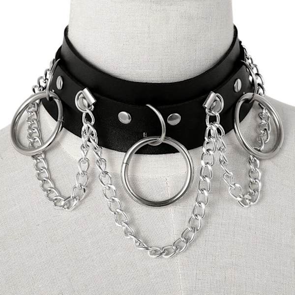 Lær Choker Metall Ring Kjede Halskjede, Justerbart Halskjede