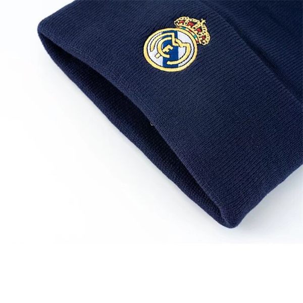 Strikket hue, koldbestandig og varm uldhue, Gos - Fodboldklubbemblem, strikket vinterhue, elastisk hue uden skygge, Real Madrid - marineblå
