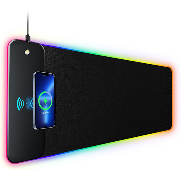 Gaming Musmatte med LED-lys - RGB - med 15W trådløs lading, skrivebordsmatte, stor LED-musematte med 10 lysmoduser