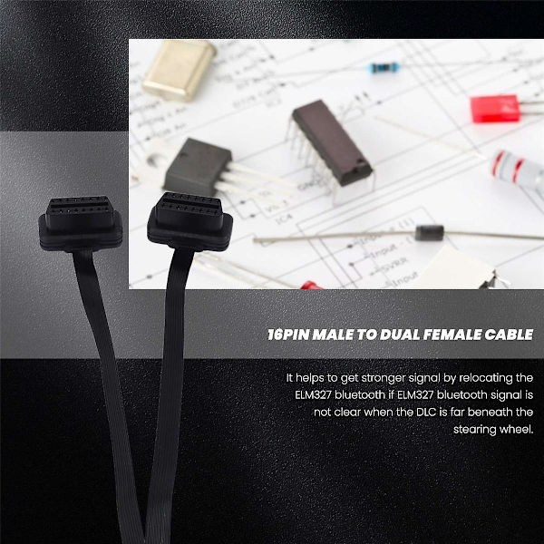 OBDII-forlengelse Dobbelkontakt Y-gren OBD OBD2 16-pins hann til hunn Kobling Flatt+Tynn for