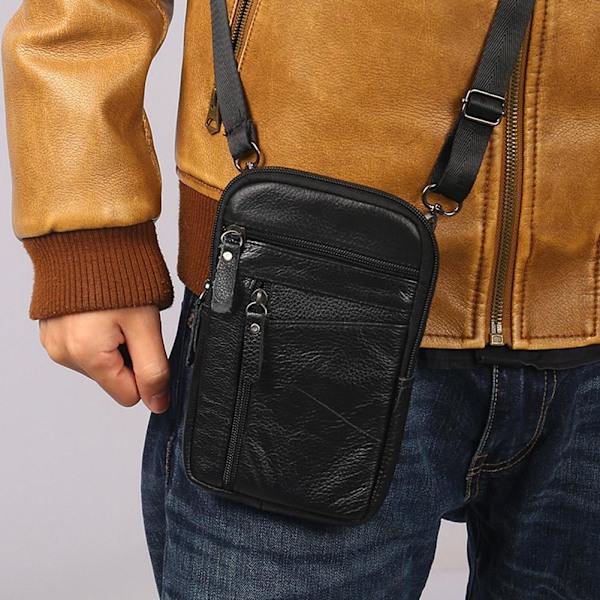 Lädermodetelefonväska för män, bältesväska, crossbody, midjeväska, P - spot black One-size