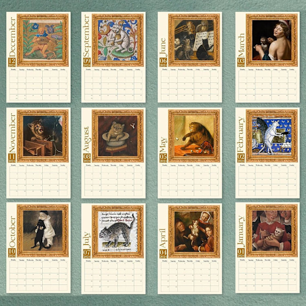 Ful medeltida katter kalender 2024 | Rolig ful uggla väggkalender | Konstig renässanskatter hundar kalender 2024 | Djurväggkalender rolig present C