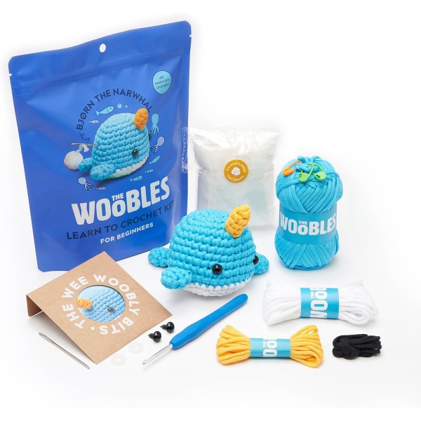 Woobles virkesett for nybegynnere i enkelt ertegarn, som sett på Shark Tank Narwhal