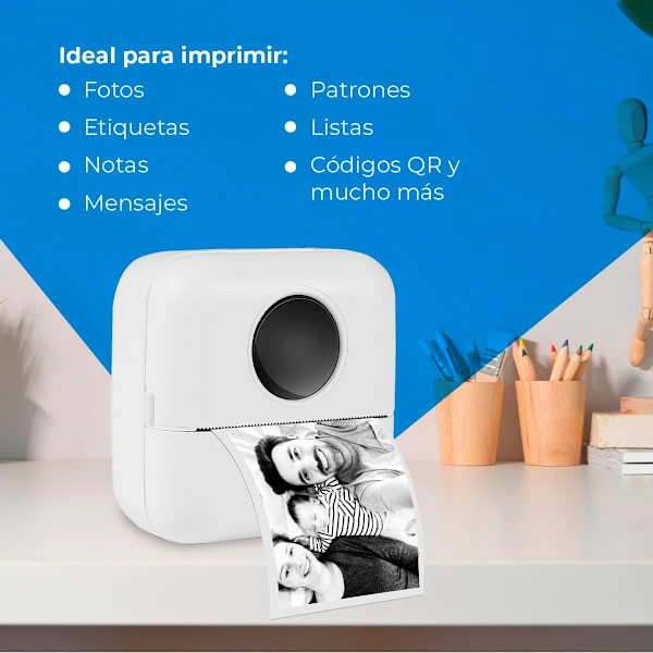 Vit bärbar fotoprinter med 5 rullar termiskt papper - Mini Wi