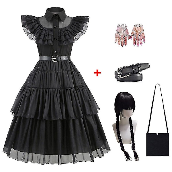 Barn Pige Onsdag Addams Family Kostume Halloween Kjole Fødselsdagsfest Kjole Bæltetaske Handsker Paryk Dress Belt Bag Gloves Wig 140cm