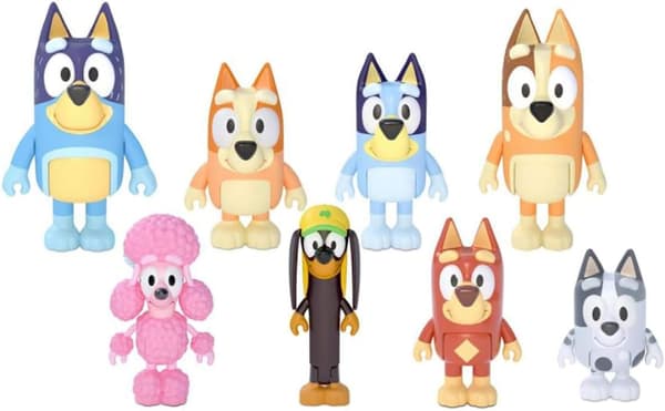 Bluey Familj & Vänner 8-pack Actionfigurer, 2,5\" Ledade Leksaker