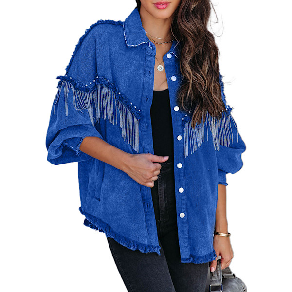 Afslappet denimjakke med frynser til kvinder Mørkeblå Mørkeblå-X43- Dark Blue M