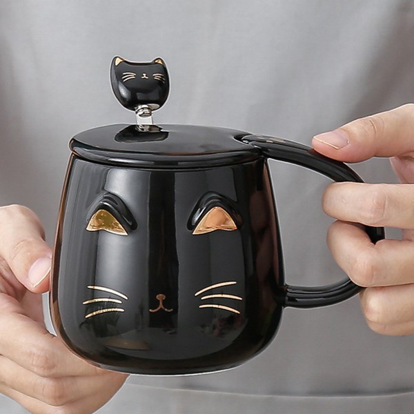 Smuk keramisk kaffekop med låg og smuk rustfri ske, 400 ml kaffemælk tekop.