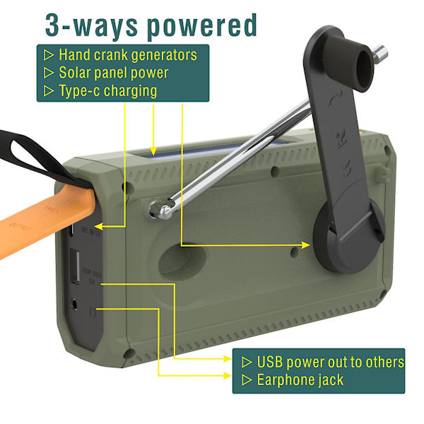 Bärbar DAB/FM-radio, 4000mAh Dynamo Solradio, Solvevradio, Överlevnadsradio DAB-radio USB-laddare med nödlarm, väckarklocka