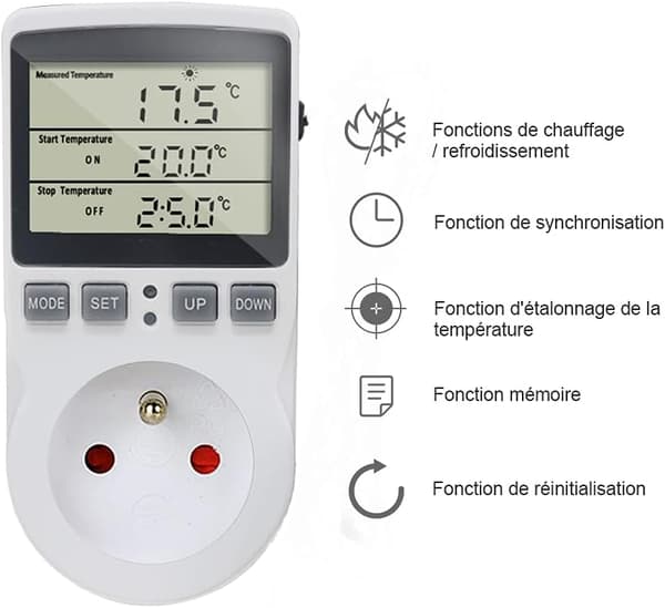 Digital Thermostat Outlet with Temperature Control for Heating and Cooling with Probe, LCD Outlet Temperature Control Timer-FA-