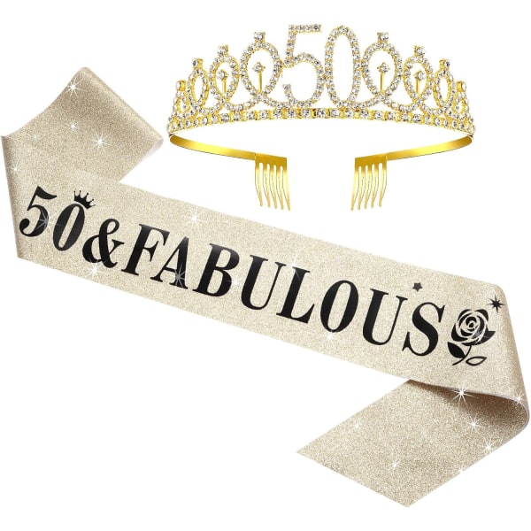 WILLBOND 50 års fødselsdagsslynge og tiara sæt til 50 års fødselsdag, 50 & Fabulous slynge og krone festdekorationer (Guld)