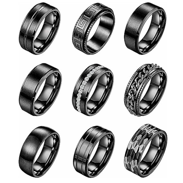 9-delars set 8mm titanstål herr- och damkedjerings enkel borstad bröllops- och förlovningsringset silver 9-delars set nr No. 8