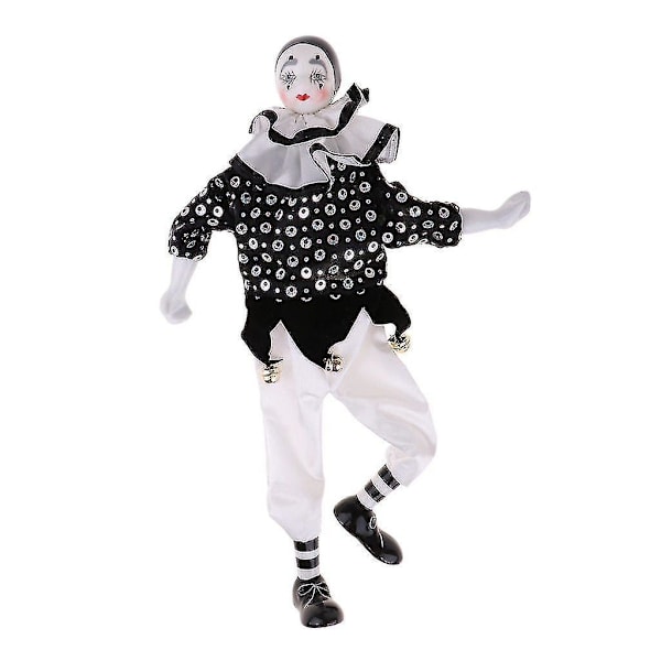 15 tums tårformad clowndocka i porslin i vita och svarta kläder, rolig harlekindocka, Circus Pro