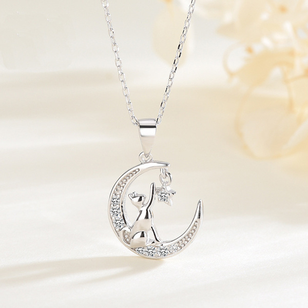 S925 sterling silver enkelt temperament måne katt zirkonhänge