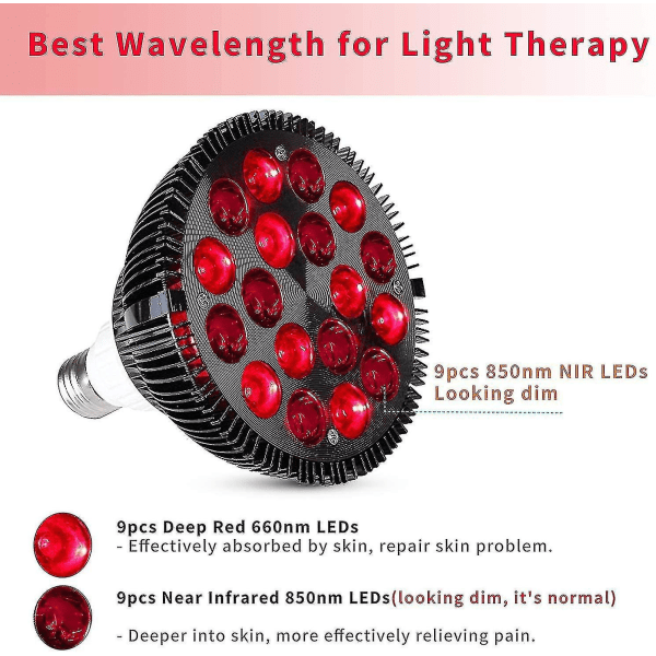 Punainen LED-valoterapia-lamppu, Wolezek 36w 18 LED infrapunainen valoterapia-laite, 660nm punainen ja 850nm lähellä infrapunainen yhdistelmä Red Light Bulb-hy