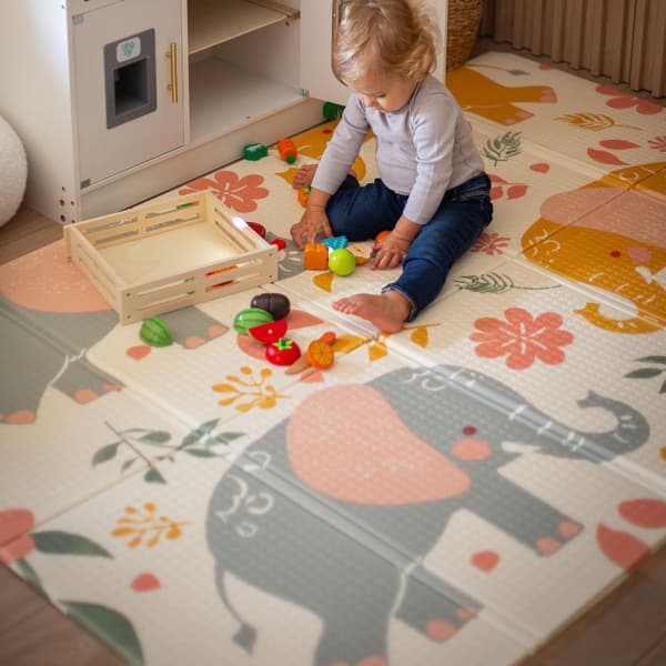 Double-sided foldable foam mat 180 x 120 x 1 cm - Exotic Elephants/Delicate Grey-FA- Elephants