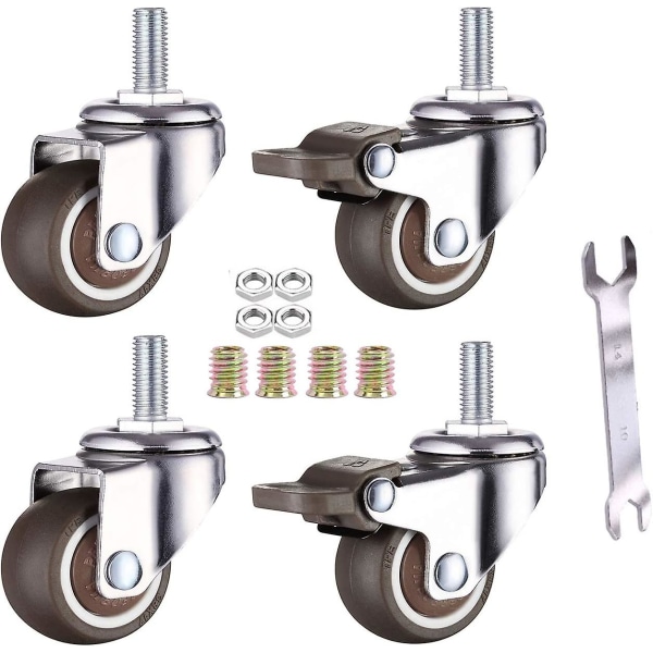 4-pack Små Möbelhjul 25mm Mjuka TPE-Gummibågar M6 X 15mm Gänga (2st Med Broms) (25mm)