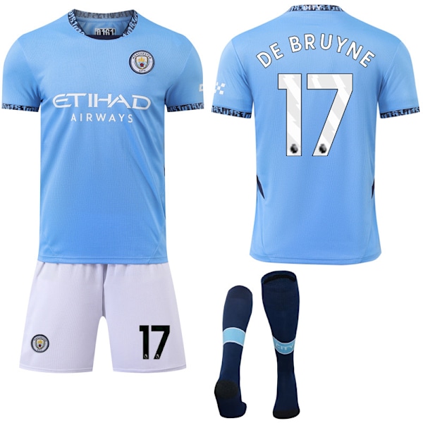 2024-2025 Manchester City Hjemme Børn Voksen Fodboldtrøje Sæt med Strømper No.17 DE BRUYNE No.17 DE BRUYNE No.17 DE BRUYNE 26