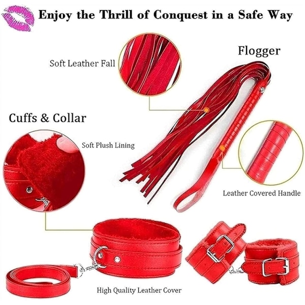 7 st/set läder bondage-kit vuxen sexleksaker handbojor/piskor/boll munkavle/rep/krage BDSM
