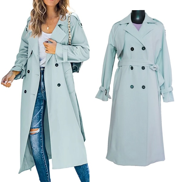 Dobbeltbrystet lang trenchcoat til kvinder, vindtæt klassisk tynd jakke GRØN GREEN 2XL