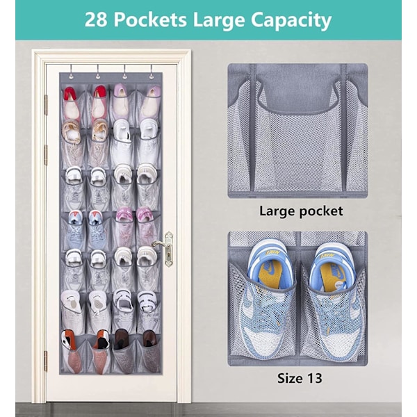 28 Store Lommer Over Dør Sko Opbevaring Organiser Garderobe Skostativ Net Hængende Opbevaring Sko Hængere Holder Organiser Grey