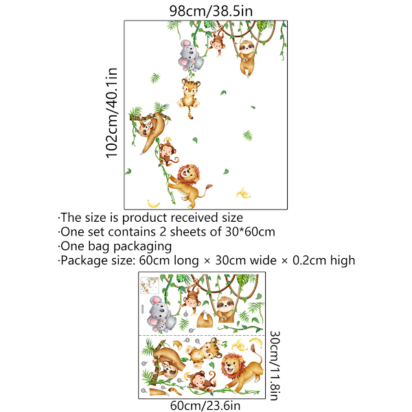 Veggklistremerker Djungeldyr Vinveggklistremerker Koala Løve Ape Sloth Veggdekor Soverom Barn Baby Barnerom Stue