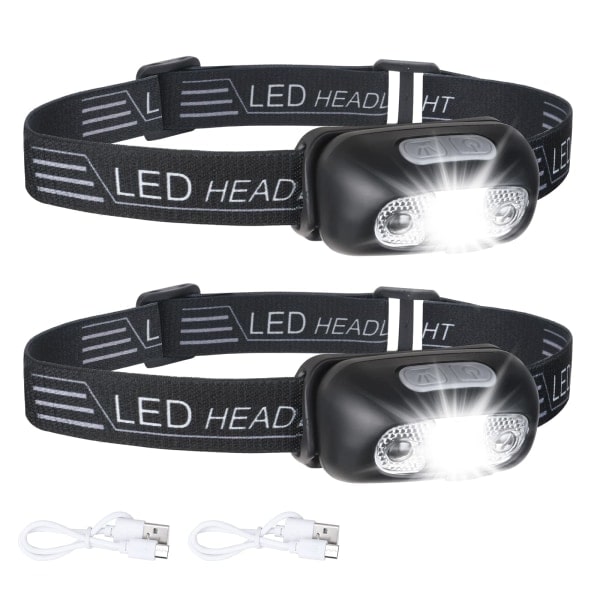 2-pak USB-opladelig pandelampe, IPX6 vandtæt, ultralet superlys 160 lumen LED-hovedlampe med bevægelsessensor og rødt lys