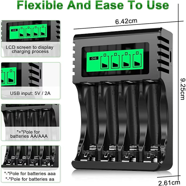 Uppladdningsbart batteri snabbladdare, LCD för Ni-MH/Ni-CD AA/AAA, oberoende kortplats och USB snabbladdning
