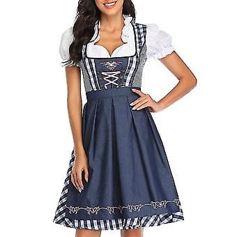 Oktoberfest Dirndl Kjole Traditionel Bayersk Ølpige Kostume (S Grå Blå)-FA-