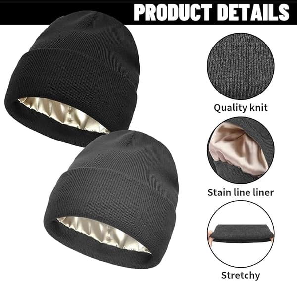 Unisex mössa 2-pack, vinterstickad mössa med satinsilkesfoder, mjuk varm mössa med vikt brätte för män och kvinnor-FA-