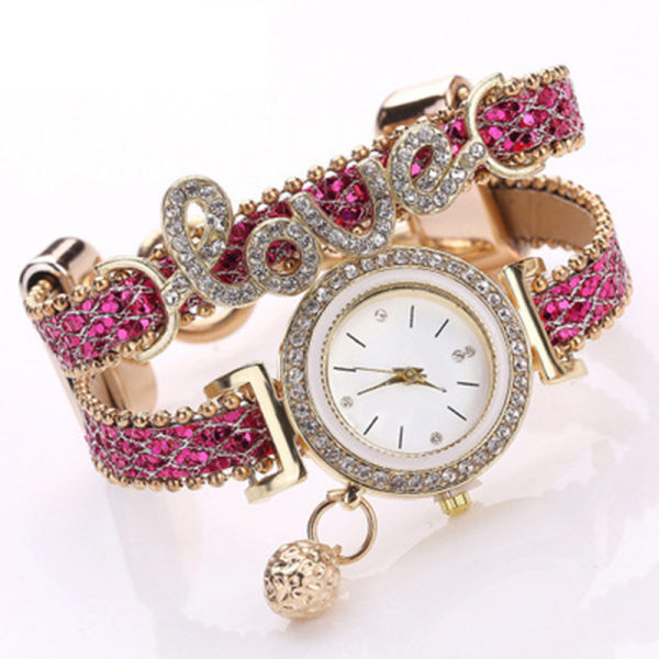 Kvinnors armbandsklockor Damer Love Läderrem Rhinestone Quartz Watch Silver