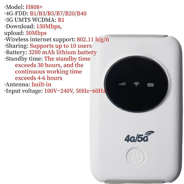 H808+ Mobil WiFi-router 4G Lte 150Mbps Bärbar Fickmodem Mini Router med SIM-kortsplats Hotspot