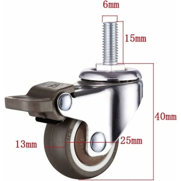 XVX 4-osainen pienikokoinen huonekalupyöräsarja - 25 mm - Pehmeä kumi TPE - M6 x 15 mm - Kierre (2 kpl jarruilla) (25 mm)