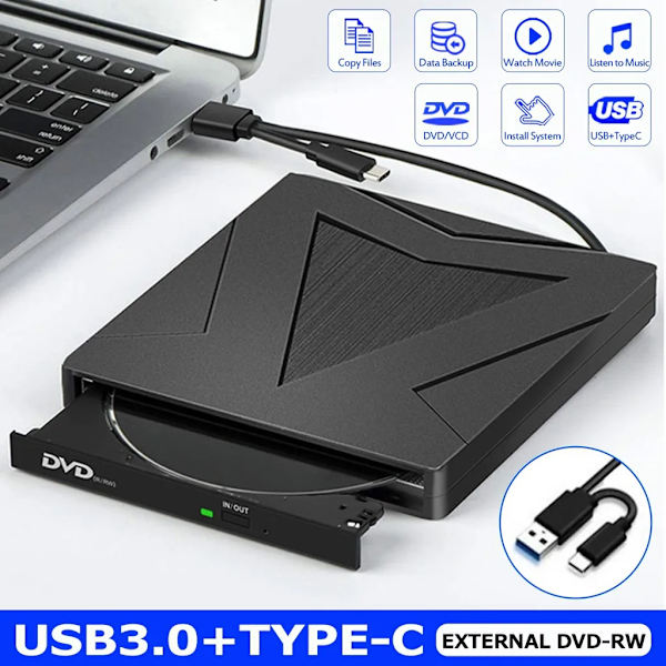 Ekstern DVD CD-drev USB 3.0 Type-C Plug Play Bærbar CD DVD