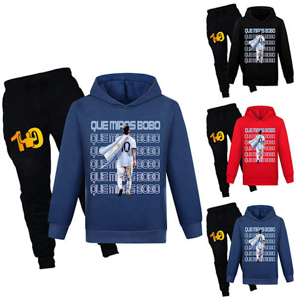Barn Dreng Pige Messi Fodbold Fodbold Hættetrøjer Træningsdragt Sæt Bukser Pullover Outfits Navy blå Navy blue 140cm