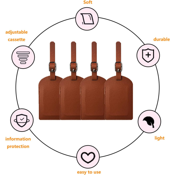Brun 4-pak PU-læder bagagelapper med navneskilte til kuffert