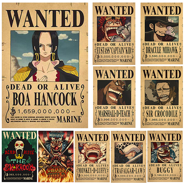 10 stk. One Piece Wanted Poster Luffy Papir Dekoration 10 pcs/set