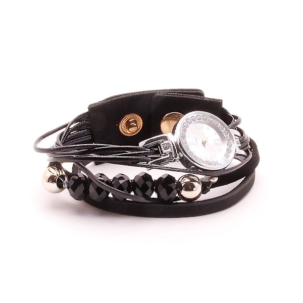 Damklocka Armbåndsdesign med Diamanter - Sort / Guld black Konstläder