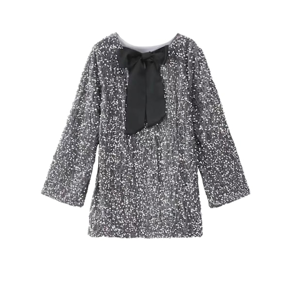 Kvinnors paljettbandageklänning med långa ärmar, nattklubbsklänning, festklänning, glänsande paljettklänning med rosett, grå Grey XXL