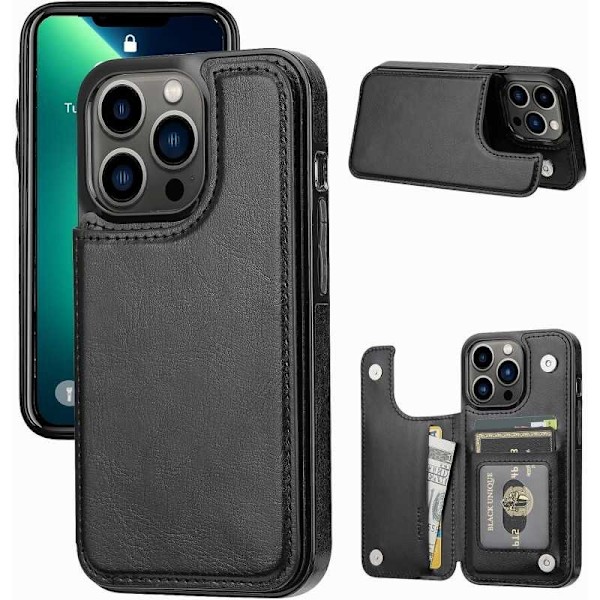 iPhone 13 Pro Max Iskunkestävä Kotelo Korttitaskuilla 3-LOKEROA Flippr Svart