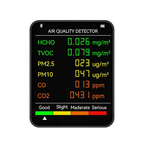 6 in 1 Pm2.5 Pm10 Hcho Tvoc Co Co2 monitoiminen ilmanlaadunilmaisin LCD-näyttö Ilmanlaaduntestaaja - Valkoinen--musta