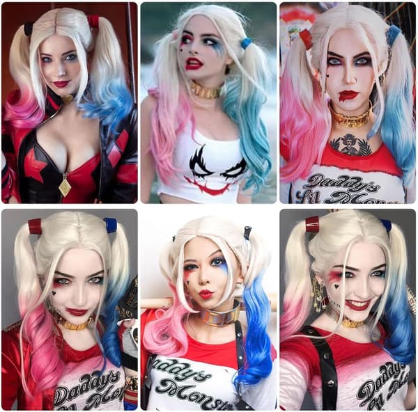 Harley Quinn Lang Blond Blå Pink Cosplay Paryk til Kvinder