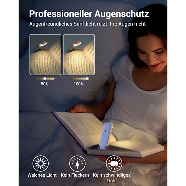 Boklampe med klemme, USB-ladbare klemlampe for lesing i sengen, 3 justerbare lysstyrkenivåer, varmt hvitt leselys white