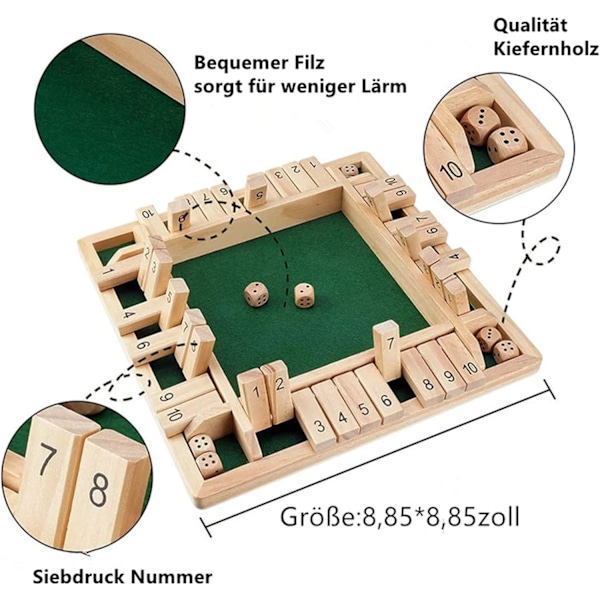 Træbrætsspil, 4 spillere Luk kassen Terningespil Matematik