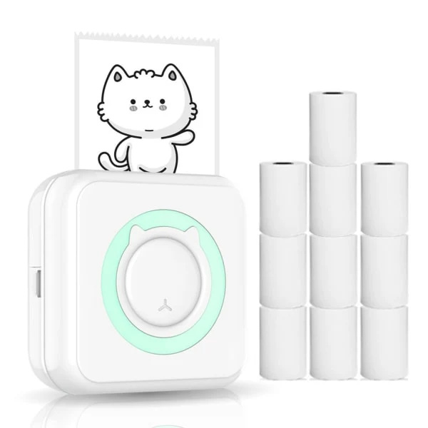 Labelprinter Alt-i-en mini printer Bærbar multifunktions fotoprinter Grøn 10 ruller papir