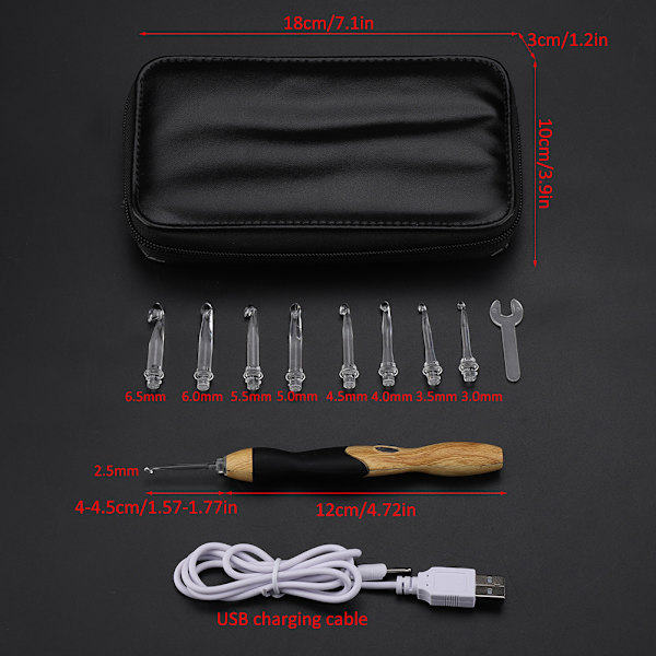 9-i-1 USB Laddningsbar Upplyst Virknålssats Handvävningsverktyg (Handtag med Silikon) 0.2