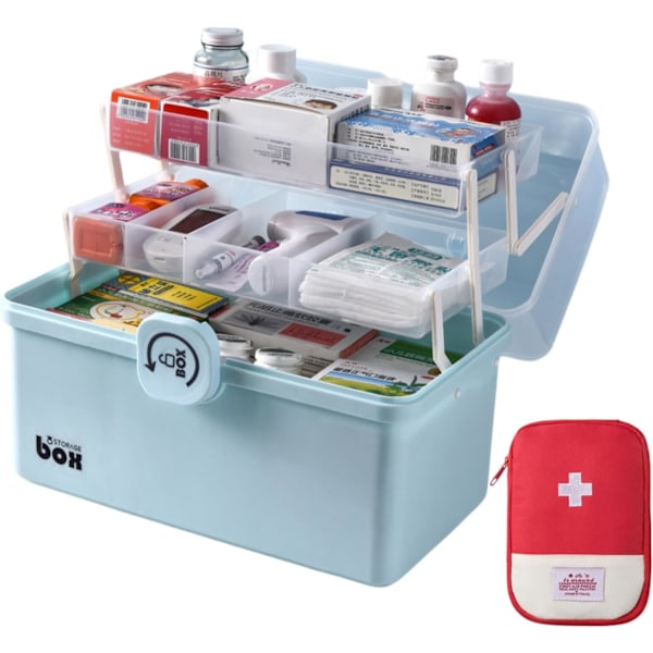 Blå 3-lags Medicinskab, 34×19×22cm Multifunktionel Opbevaringsboks, Medicinskab Med Opbevaringspose, Medicinskab, Værktøjskasse, Aorting Box