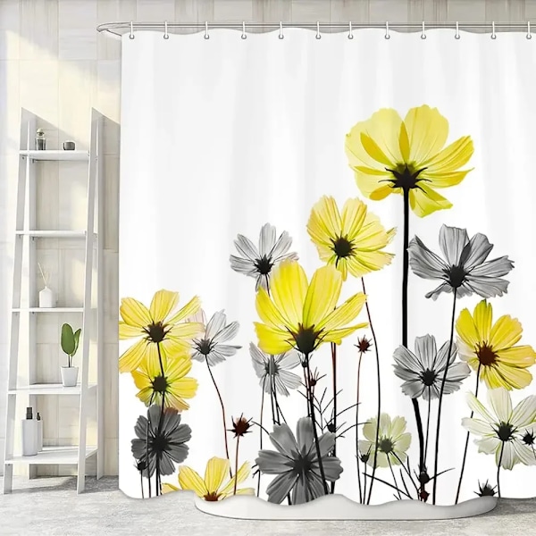 Blommedusjforhæng Akvarel Lille Badeværelse i Frisk Stil Vandafvisende Polyester Gardinvægdekoration med Kroge C10126 180X210cm C10126