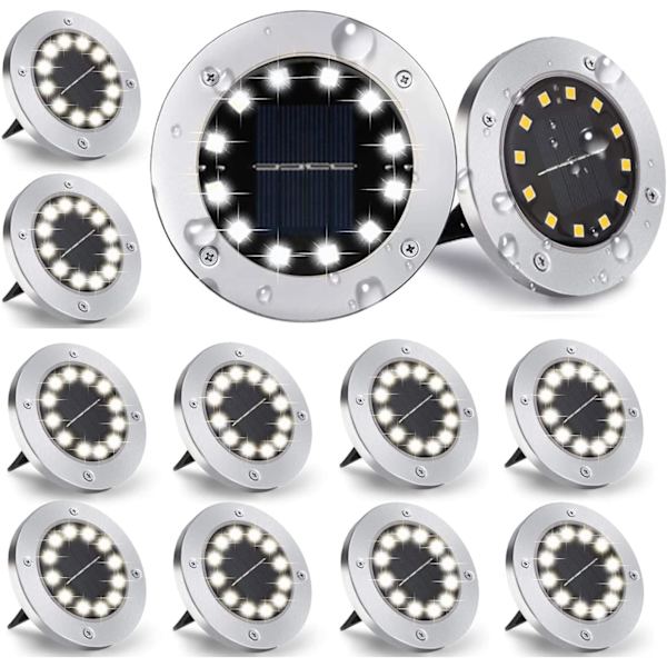 Vitt LED-valaisinsetti 12 ulkoilma aurinkopaneelilampulla, 12 LED, 800mAh, mukana